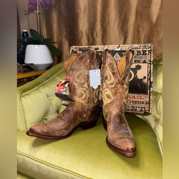 New Mens Primo Distressed Justin BR103 Bent Rail Cowboy Boots Snip Toe Size 12 D - Picture 10 of 11